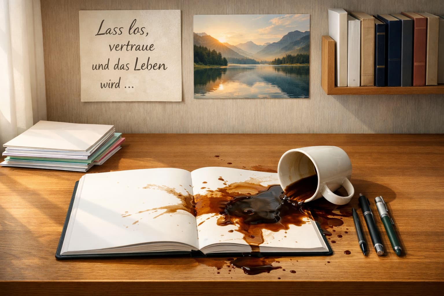 perfektionismus-loslassen-ordnung-chaos-kaffeetasse-schreibtisch-copyright-michaela-hoehle-squoosh Schreibtisch mit umgeworfener Kaffeetasse - Perfektionismus innerer Druck Loslassen Ordnung Chaos - Copyright Michaela Höhle